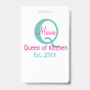 Queen of kitchen monogram green pink simple minima badge