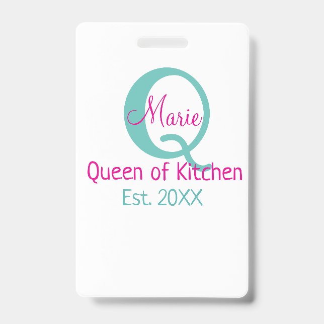 Queen of kitchen monogram green pink simple minima badge (Front)