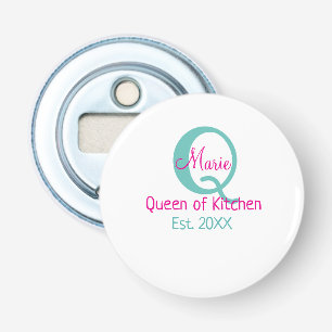 Queen of kitchen monogram green pink simple minima bottle opener