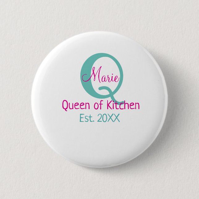 Queen of kitchen monogram green pink simple minima button (Front)