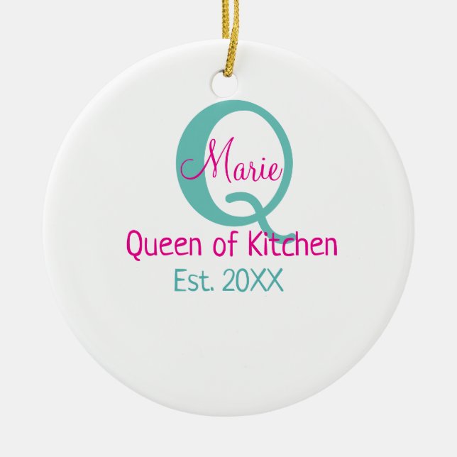 Queen of kitchen monogram green pink simple minima ceramic ornament (Front)