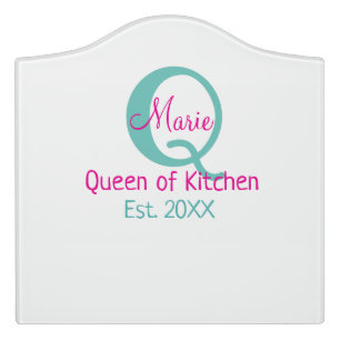 Queen of kitchen monogram green pink simple minima door sign