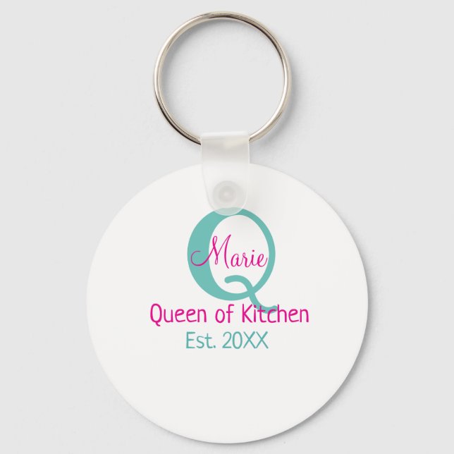Queen of kitchen monogram green pink simple minima keychain (Front)
