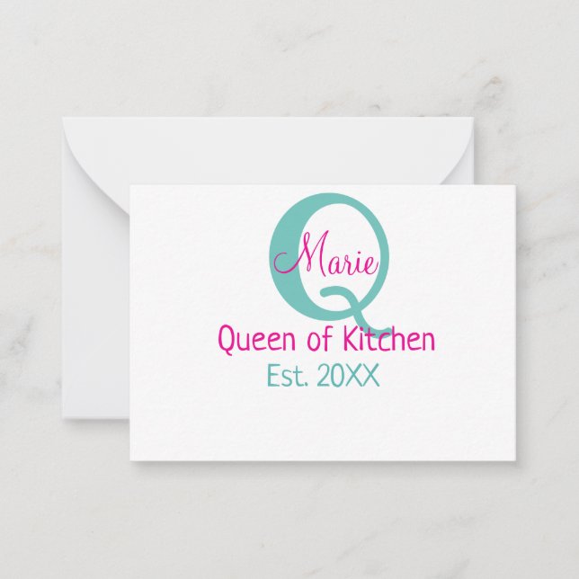 Queen of kitchen monogram green pink simple minima note card (Front)