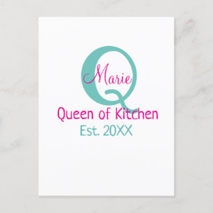 Queen of kitchen monogram green pink simple minima postcard