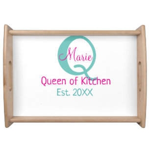 Queen of kitchen monogram green pink simple minima serving tray