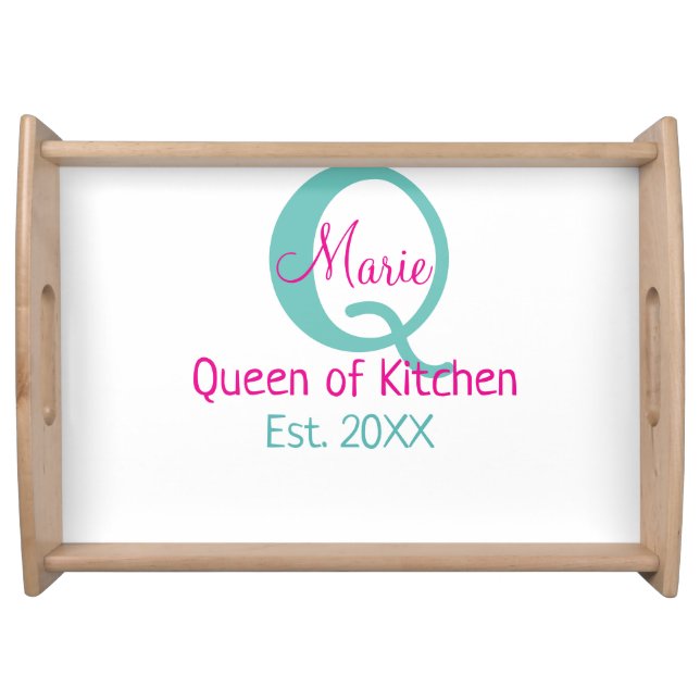 Queen of kitchen monogram green pink simple minima serving tray (Front)