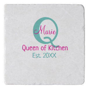 Queen of kitchen monogram green pink simple minima trivet