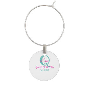 Queen of kitchen monogram green pink simple minima wine charm