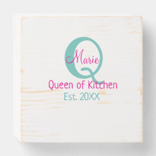Queen of kitchen monogram green pink simple minima wooden box sign