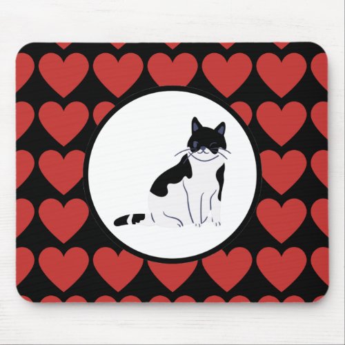 Queen of red hearts cat black white mouse pad