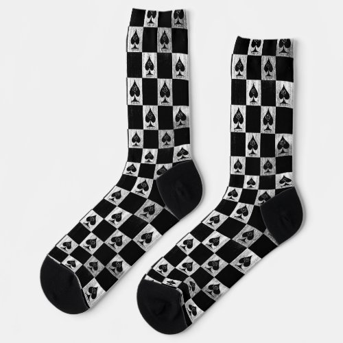 Queen of Spades Socks White Black Checkerboard QoS