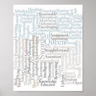Queen of Swords Rider-Waite Tarot Card Keywords Poster
