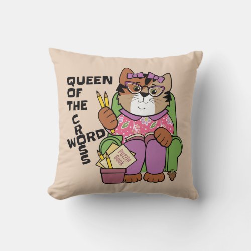 Queen of the Crossword Cat Throw Pillow
