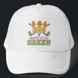 Queen of the Green Womens Golf Cap<br><div class="desc">A cute emerald and pink diamond jeweled crown, a pair of pink handled womens golf clubs and a golf ball on a tee on female golf t shirts, apparel, clothing, stationery and more merchandise that says Queen of the Green. A cute gift for a female golfer, golf coach or girls...</div>
