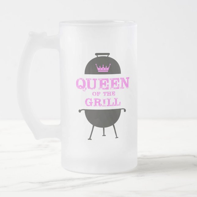 Queen Of The Grill, Pink Crown Pink Frosted Glass Beer Mug (Left)