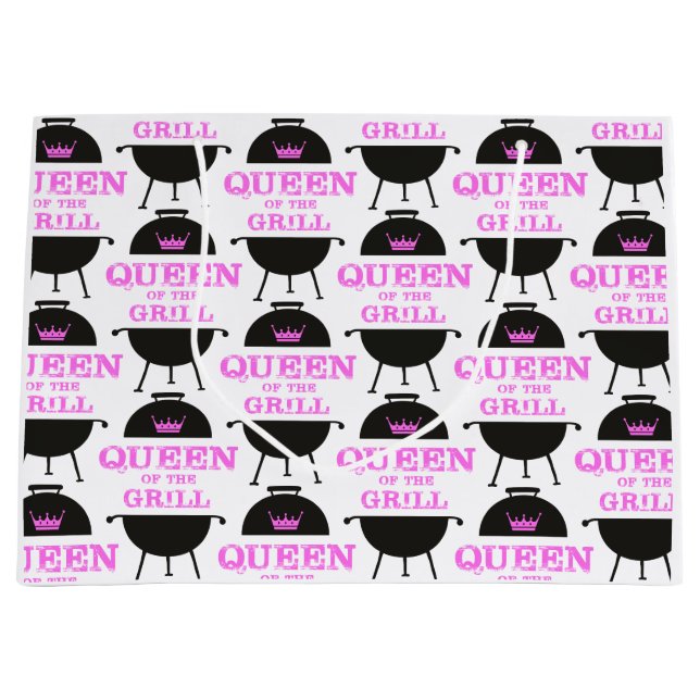 Queen Of The Grill, Pink Crown Pink Large Gift Bag (Front)