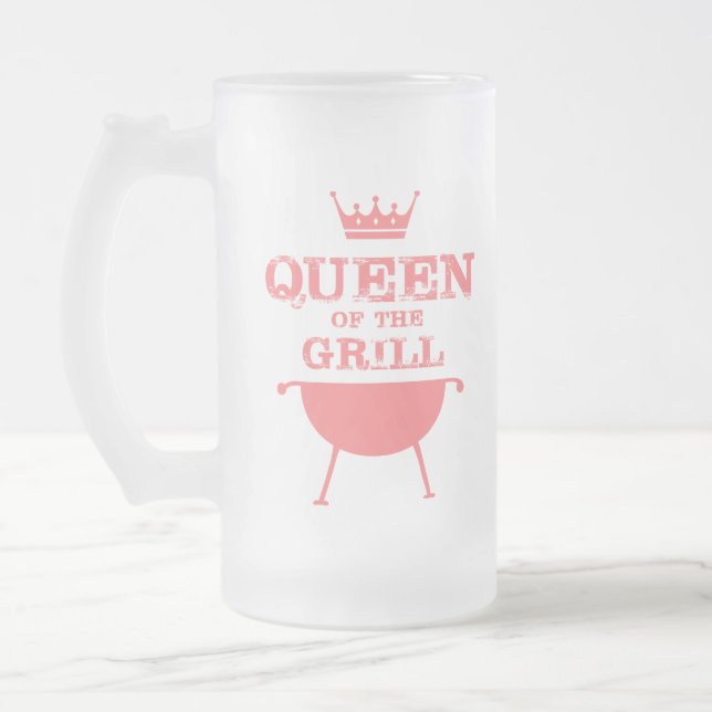Queen Of The Grill, Pink Frosted Glass Beer Mug (Left)