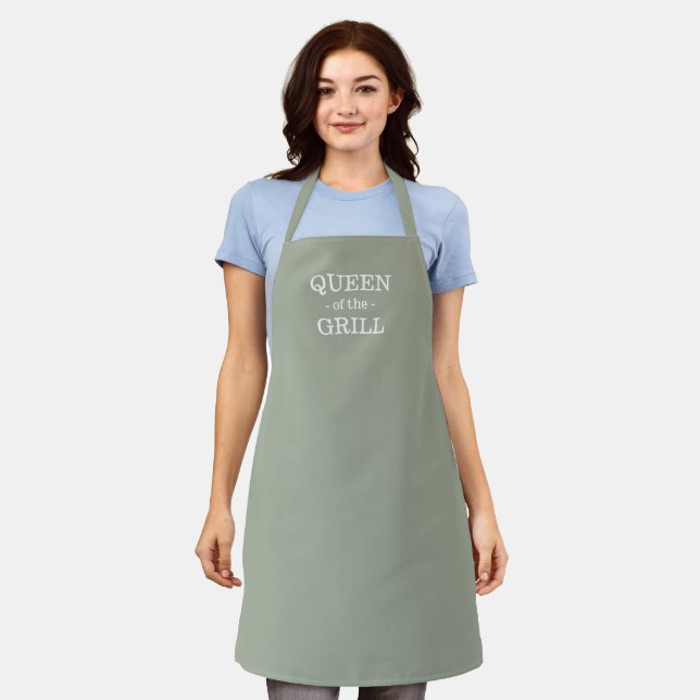 Queen of the Grill sage green solid custom text Apron (Worn)