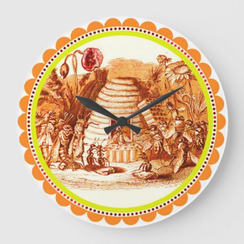 QUEEN OF THE HONEY BEES  IN SKEP BEEKEEPER Orange Large Clock