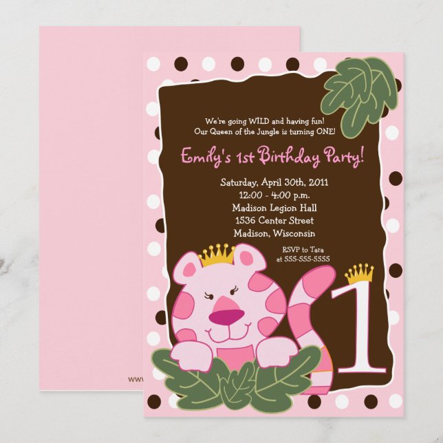 QUEEN OF THE JUNGLE 1st Birthday Invitation (Front/Back)