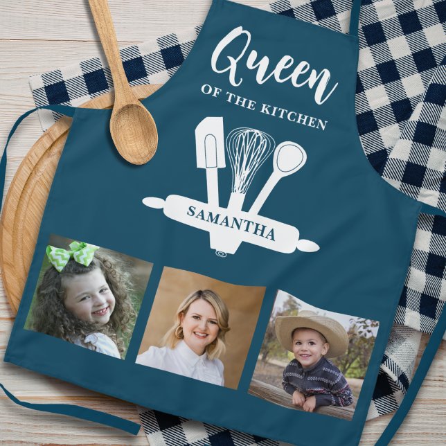 Queen Of The Kitchen Blue And White Name Photo Apron (Creator Uploaded)