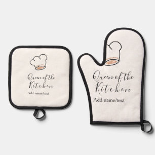 Queen of the kitchen chef cooking add name crown oven mitt & pot holder set