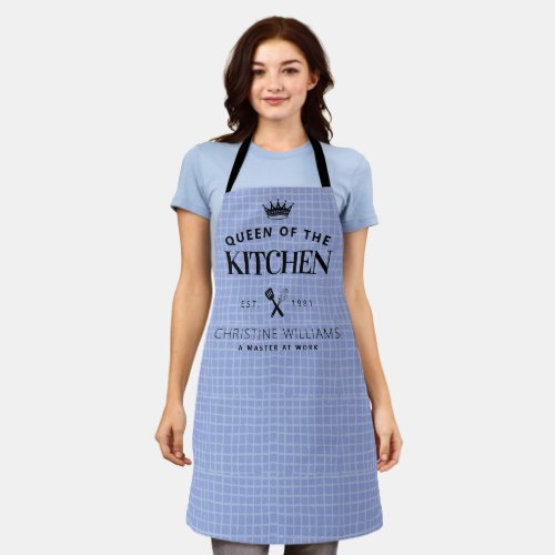 Queen of the Kitchen Crown Foodie Mom Blue Plaid Apron