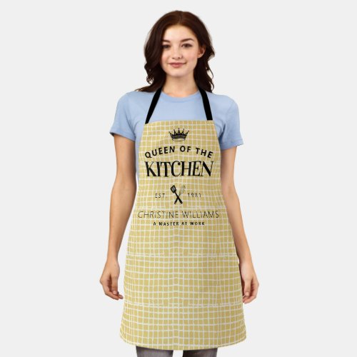 Queen of the Kitchen Crown Foodie Mom Yellow Plaid Apron