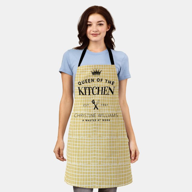 Queen of the Kitchen Crown Foodie Mom Yellow Plaid Apron (Worn)