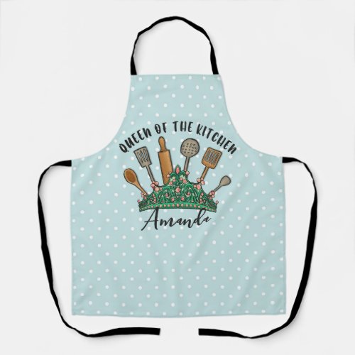 Queen of the Kitchen Cute Mint Green Polka Dots Apron