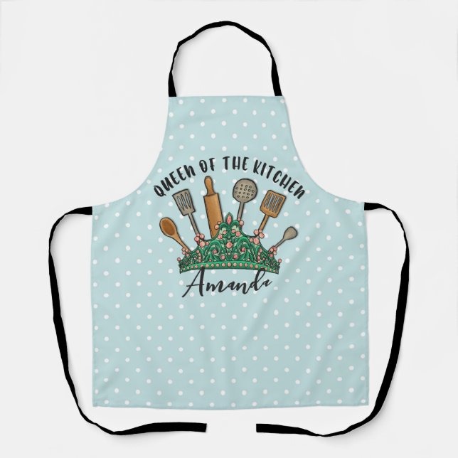 Queen of the Kitchen Cute Mint Green Polka Dots Apron (Front)