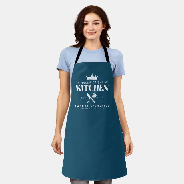 Queen of The Kitchen Lady Chef Personalized Blue Apron (Worn)