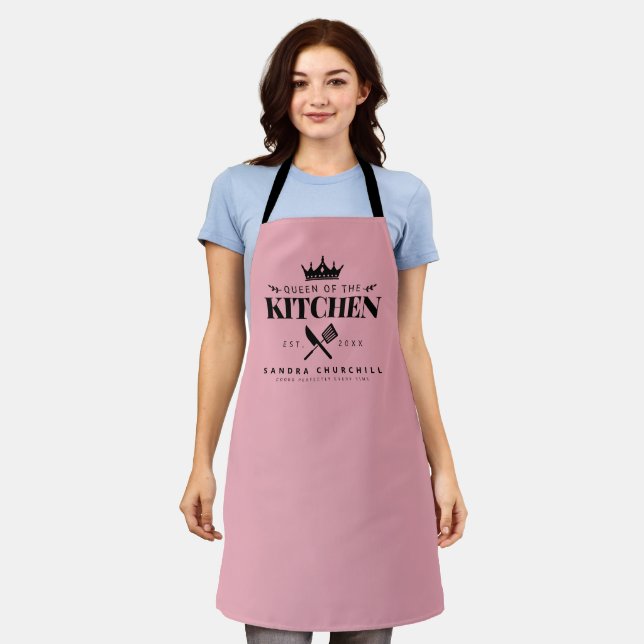 Queen of The Kitchen Lady Chef Personalized Pink Apron (Worn)