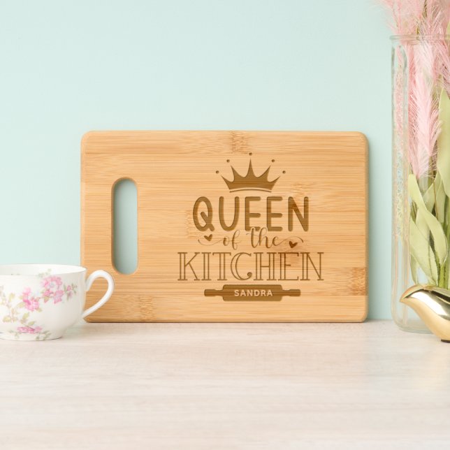 Queen of the Kitchen Personalized Engraved Cutting Board (Upright)