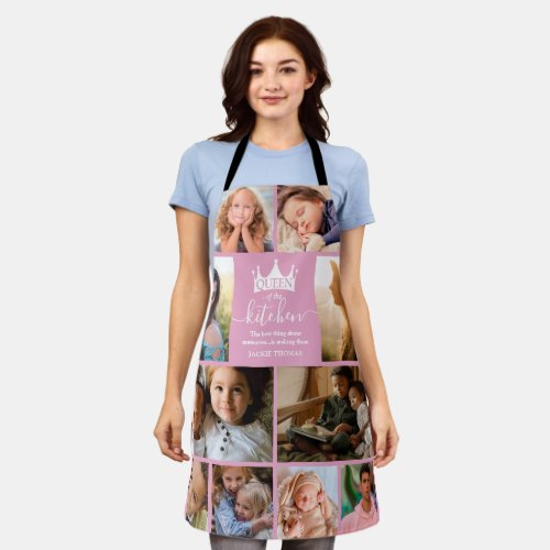 Queen of the Kitchen Photo Collage Apron - Modern pink photo collage apron featuring 10 photos for you to personalize with your own, the saying 'Queen of the kitchen', a crown, a cute quote that reads 'the best thing about memories...is making them', and the persons name.