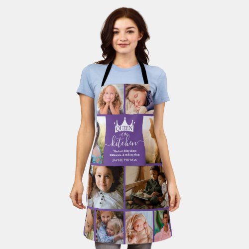 Queen of the Kitchen Photo Collage Apron - Modern purple photo collage apron featuring 10 photos for you to personalize with your own, the saying 'Queen of the kitchen', a crown, a cute quote that reads 'the best thing about memories...is making them', and the persons name.