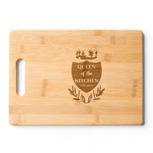 Queen of the Kitchen Royal Emblem Olive Leaves Cutting Board