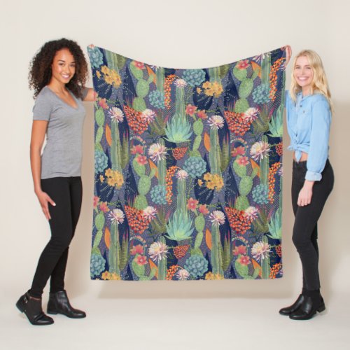 Queen of the Night Cactus and Succulents Fleece Blanket