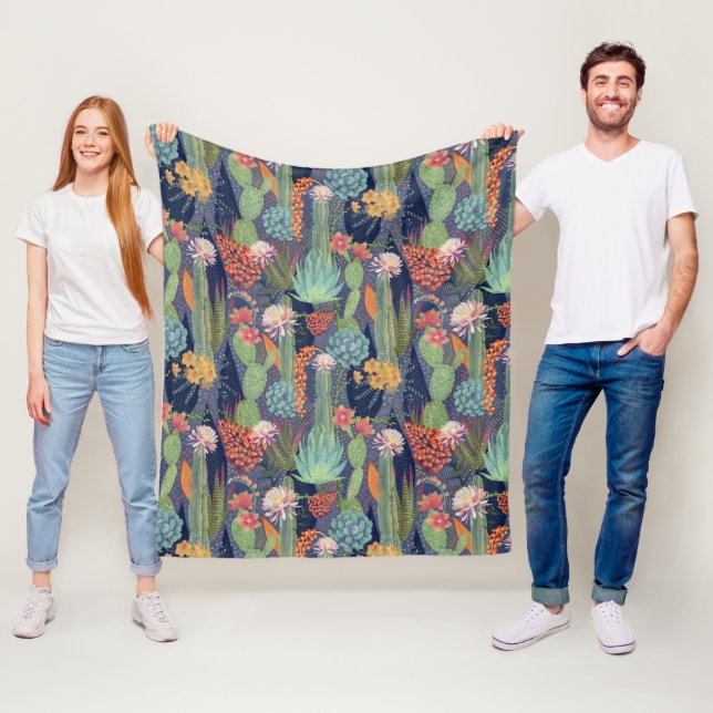 Queen of the Night Cactus and Succulents Fleece Blanket (In Situ)