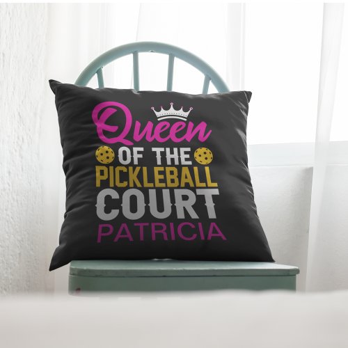 Queen of the Pickleball Court Monogram Name Fun Throw Pillow
