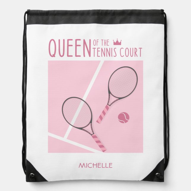 Queen Of The Tennis Court Pink Girly Personalized Drawstring Bag (Front)