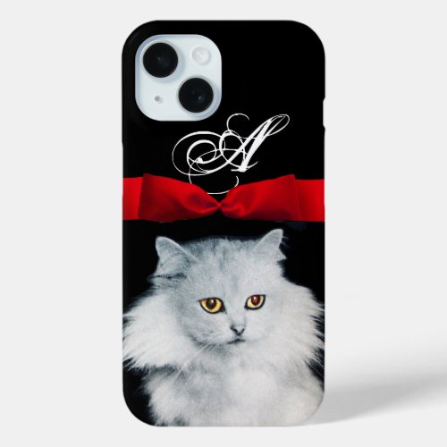 QUEEN OF WHITE CATS WITH RED RIBBON MONOGRAM iPhone 15 CASE