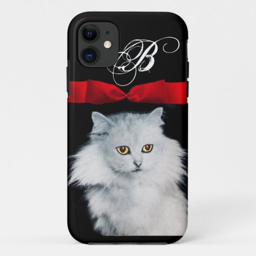 QUEEN OF WHITE CATS WITH RED RIBBON MONOGRAM iPhone 11 CASE