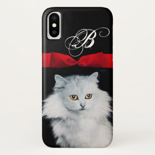 QUEEN OF WHITE CATS WITH RED RIBBON MONOGRAM iPhone X CASE