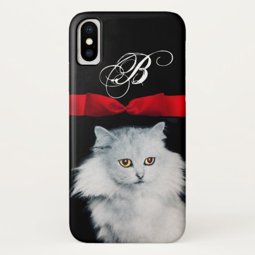 QUEEN OF WHITE CATS WITH RED RIBBON MONOGRAM iPhone XS CASE