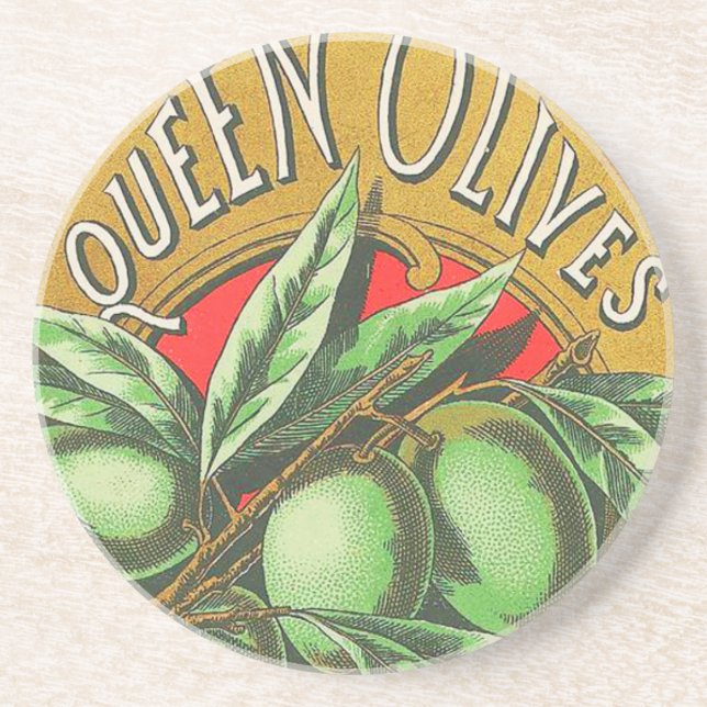 Queen Olives Vintage Food Crate Label Sandstone Coaster (Front)
