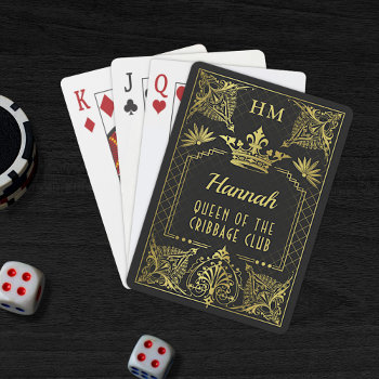 Queen Or Custom Text Black Gold Monogram Crown Playing Cards by FancyCelebration at Zazzle