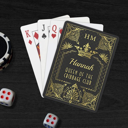 Queen or Custom Text Black Gold Monogram Crown Poker Cards