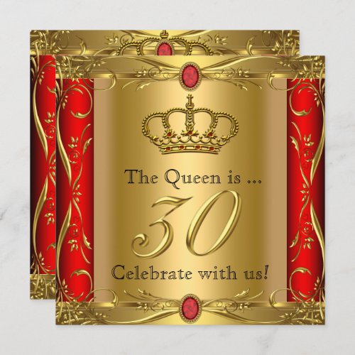 Queen or King Regal Red Gold 30th Birthday Party Invitation